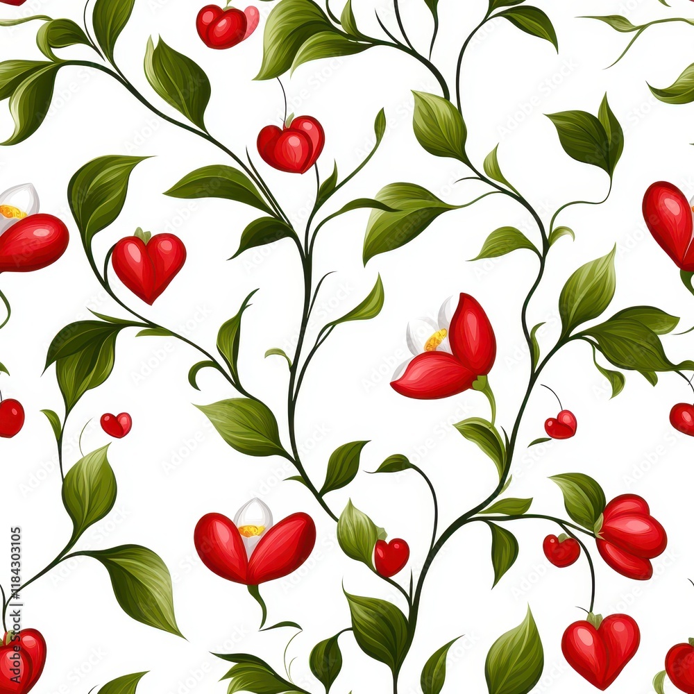 Charming Floral seamless pattern with Heart-Shaped Flowers and Green Leaves on a White Background Charming Floral seamless pattern with Heart-Shaped Flowers and Green Leaves on a White Background