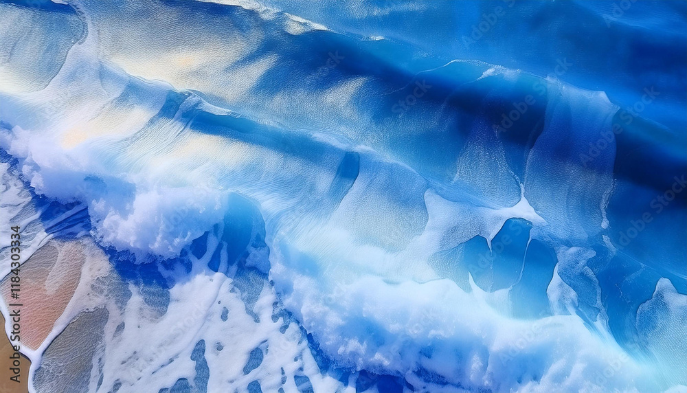 Patterns of turquoise seawater with the movement of waves and foam