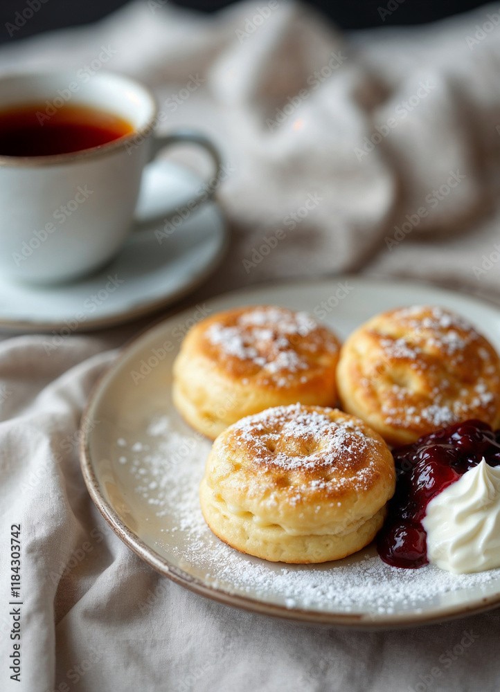 Golden syrniki with sour cream and jam, set against a cozy tea-time background. Golden syrniki with sour cream and jam, set against a cozy tea-time background.