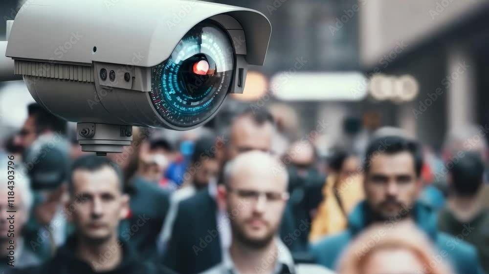 An advanced security camera provides constant surveillance over people in a city street An advanced security camera provides constant surveillance over people in a city street