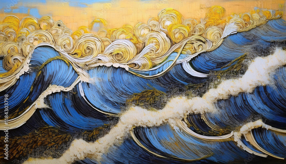 Patterns of turquoise seawater with the movement of waves and foam