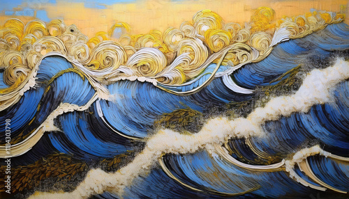 Patterns of turquoise seawater with the movement of waves and foam
