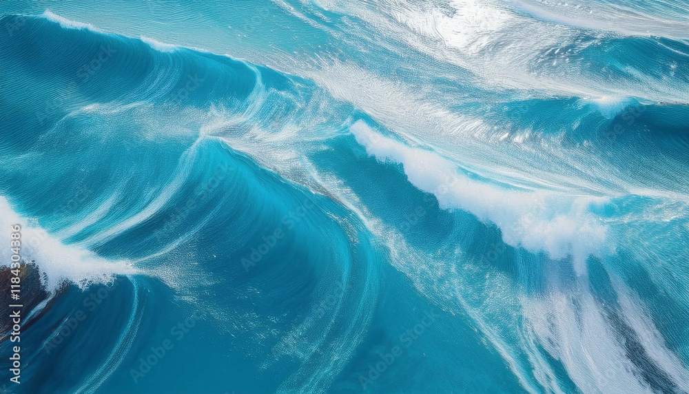 Patterns of turquoise seawater with the movement of waves and foam
