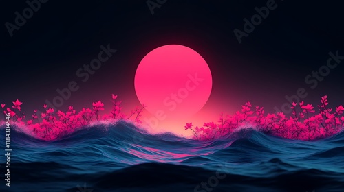 Pink Sunset Over Dark Ocean Waves With Flowers photo