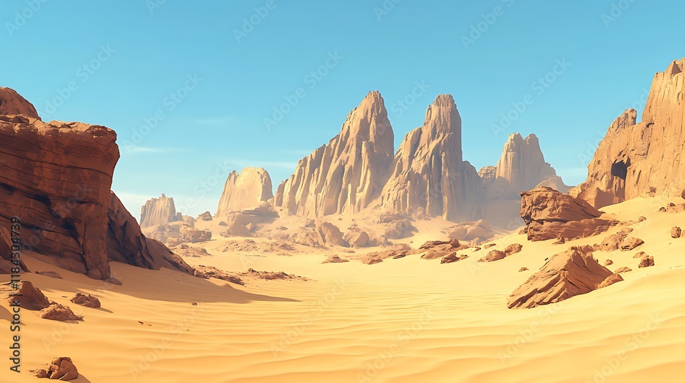 Naklejka premium A landscape with rocky formations in the foreground and a clear blue sky in the background. The scene appears to be a desert or arid environment.