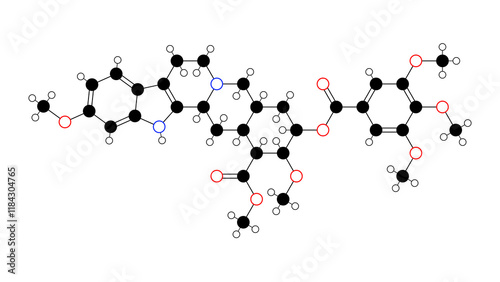 reserpine molecule, structural chemical formula, ball-and-stick model, isolated image antihypertensive agent photo