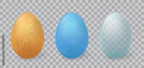 3d Easter eggs from glass, wood and blue jeans isolated on transparent background. Happy Easter icons set of wooden, clear and textile eggs, vector realistic illustration