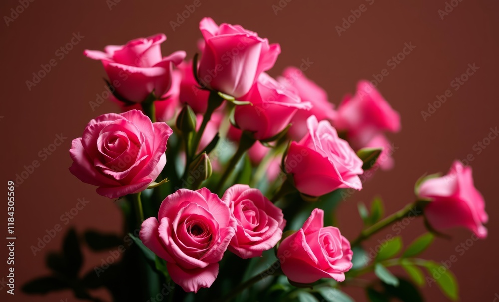 Vibrant pink roses, bouquet, dark background, soft lighting, close-up photography, romantic mood, floral arrangement, rich colors, velvety petals, fresh flowers, Valentine's Day theme, high contrast, Vibrant pink roses, bouquet, dark background, soft lighting, close-up photography, romantic mood, floral arrangement, rich colors, velvety petals, fresh flowers, Valentine's Day theme, high contrast,