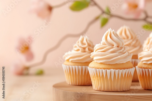 Delicious cupcakes with creamy frosting, beautifully presented against a soft floral background. photo