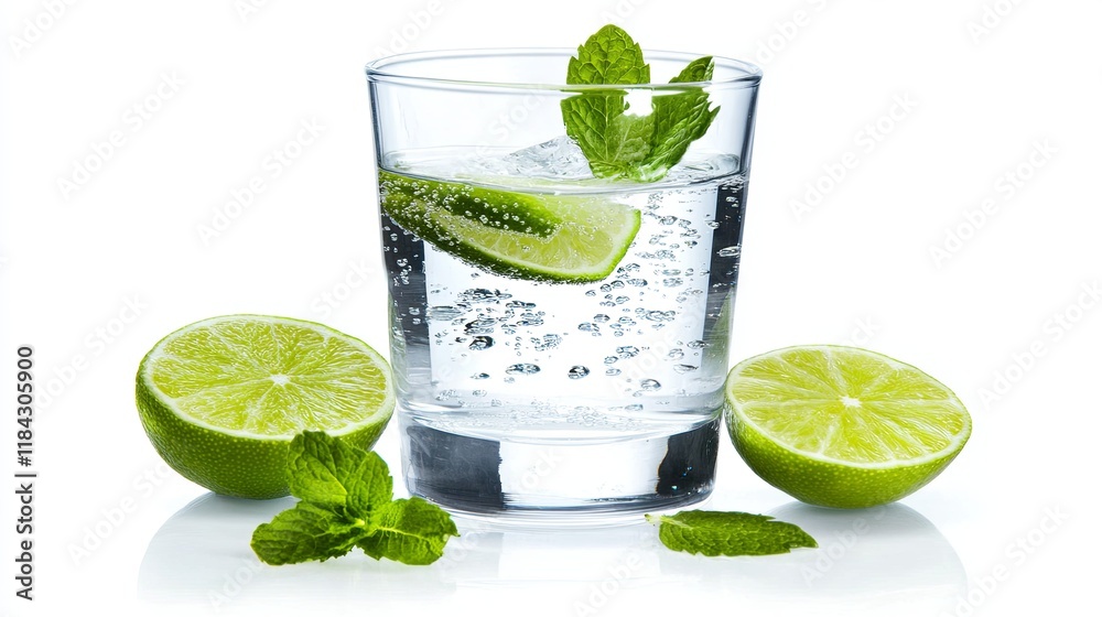 A clear glass of sparkling water with lime slices and mint leaves on a light background A clear glass of sparkling water with lime slices and mint leaves on a light background
