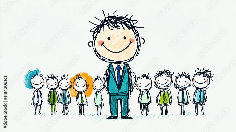 Happy Businessman Surrounded by a Diverse Team in a Creative Illustration Style Happy Businessman Surrounded by a Diverse Team in a Creative Illustration Style