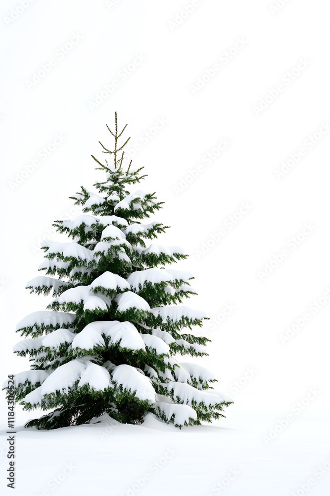A beautiful snow-covered evergreen tree stands alone against a serene white background, evoking feelings of winter tranquility. A beautiful snow-covered evergreen tree stands alone against a serene white background, evoking feelings of winter tranquility.