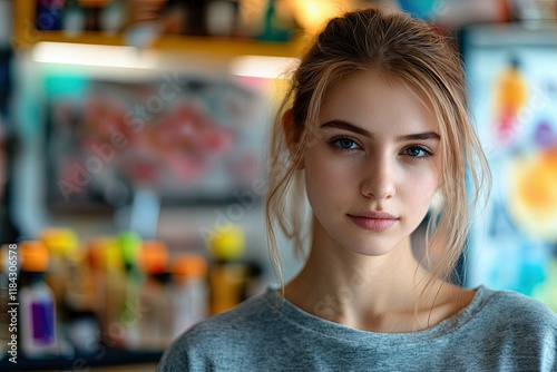 portrait of young female tattoo artist focused on her work in vibrant studio