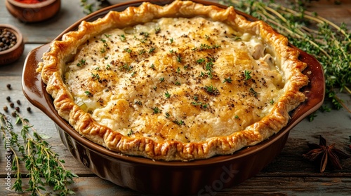 rustic chicken pot pie with golden flaky crust displayed in ceramic baking dish with fresh herbs and spices around