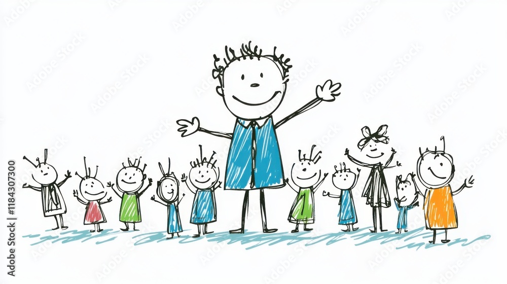 Fototapeta premium Happy Group of Children and a Smiling Leader in a Sketch Style Artwork Representing Unity and Joy