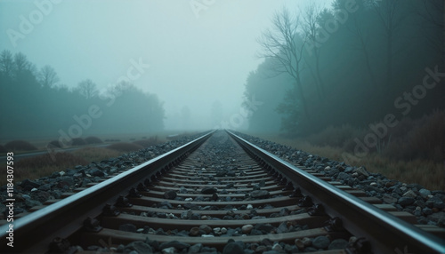 Railway tracks in fog with trees in the background, Day of Remembrance for the Victims Genocide in World War II