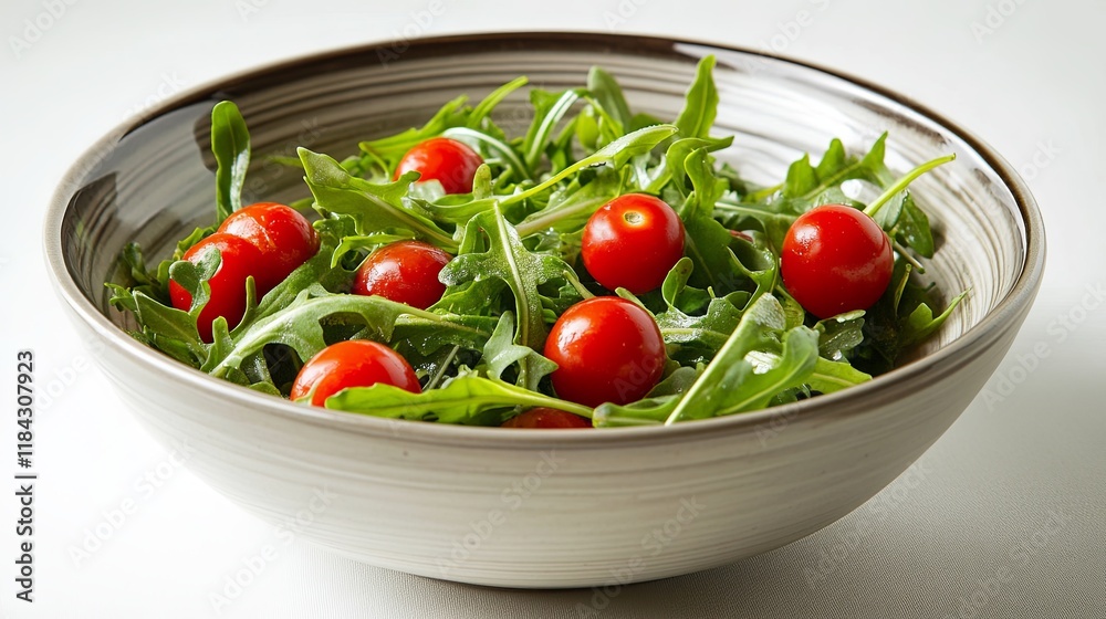A light summer salad with avocado, cherry tomatoes, and arugula in a ceramic bowl A light summer salad with avocado, cherry tomatoes, and arugula in a ceramic bowl