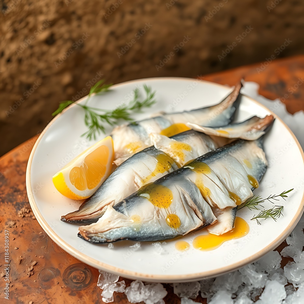 Plate of marinated fish fillets with lemon and dill. Plate of marinated fish fillets with lemon and dill.