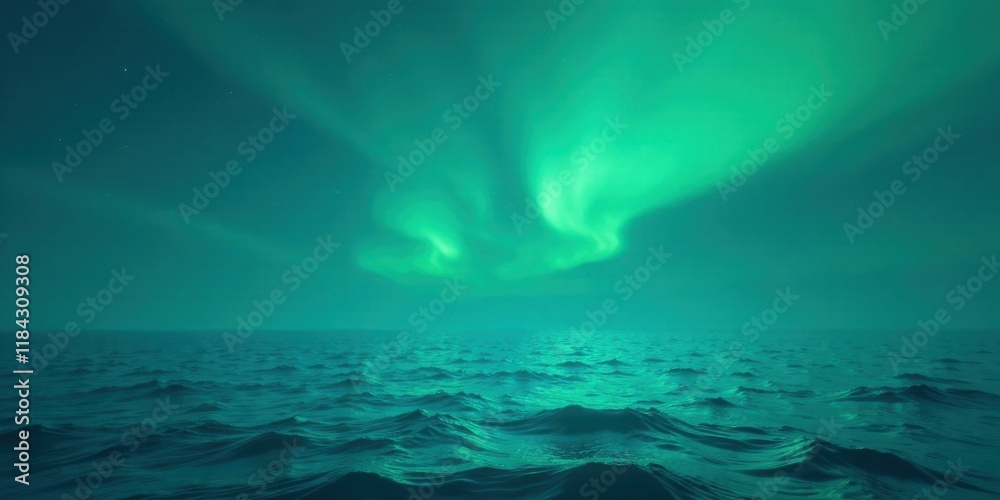 Naklejka premium Serene Ocean Waves Under a Vivid Emerald Aurora Borealis Display