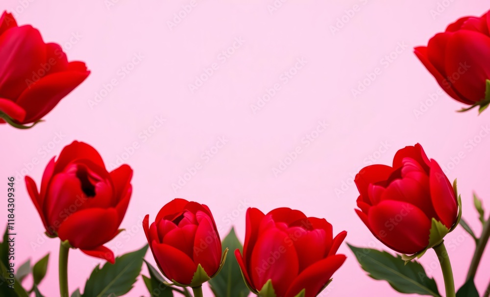 Vibrant red tulips, Pink textured background, Spring flowers, Blooming petals, Floral border, Romantic composition, Botanical illustration, Vivid colors, Garden scene, Close-up flower photography, Sof Vibrant red tulips, Pink textured background, Spring flowers, Blooming petals, Floral border, Romantic composition, Botanical illustration, Vivid colors, Garden scene, Close-up flower photography, Sof