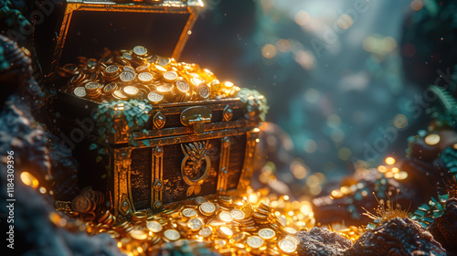 Treasure chest filled with gold coins in an underwater scene photo