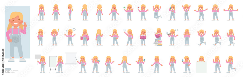 Set of kid character vector design. Girl wear blue denim jumpsuit. Presentation in various action with emotions, running, standing and walking. Set of kid character vector design. Girl wear blue denim jumpsuit. Presentation in various action with emotions, running, standing and walking.