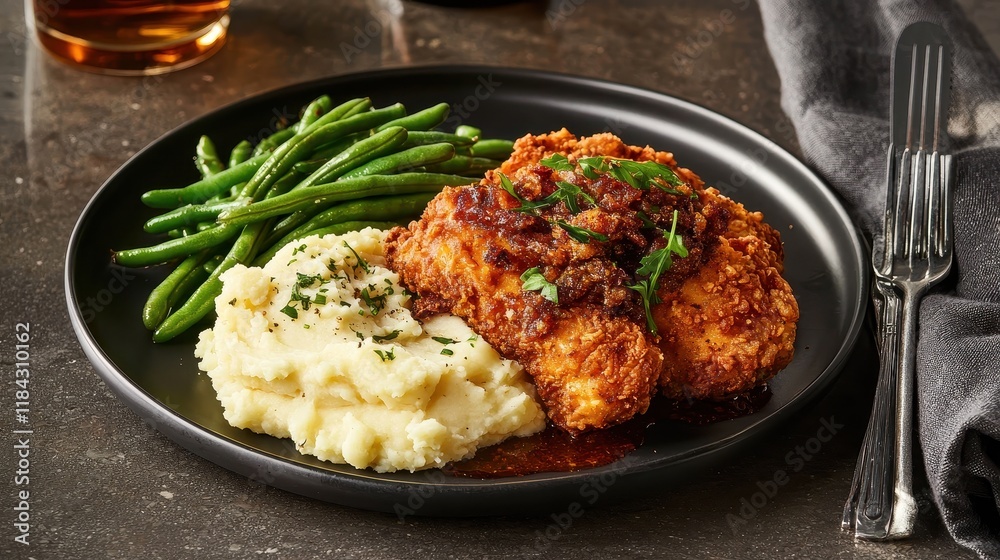 Crispy Golden Fried Chicken Served with Creamy Mashed Potatoes and Fresh Green Beans on a Stylish Plate Crispy Golden Fried Chicken Served with Creamy Mashed Potatoes and Fresh Green Beans on a Stylish Plate