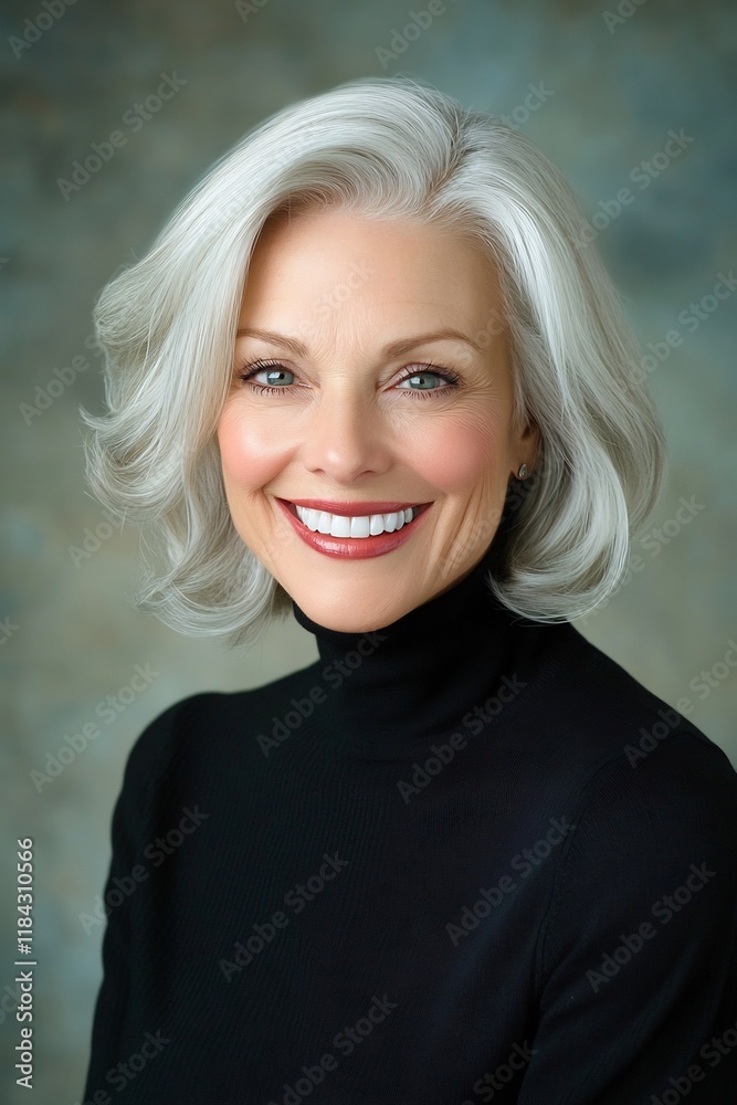 Fototapeta premium Elegant Portrait of a Smiling Woman with Gray Hair Against a Soft Background