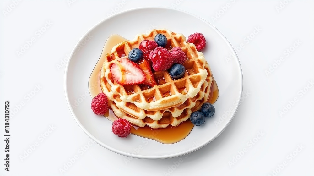 Fluffy Waffles Topped with Fresh Berries and Drizzled with Maple Syrup on a White Plate Fluffy Waffles Topped with Fresh Berries and Drizzled with Maple Syrup on a White Plate