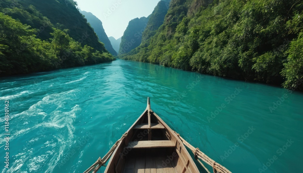 Obraz premium point of view, traditional boat passing through river with blue water with beautiful view