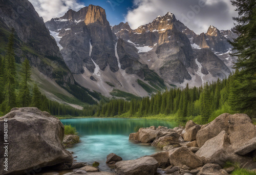 Majestic Mountain Lake Serenity A Tranquil Alpine Landscape with Turquoise Waters