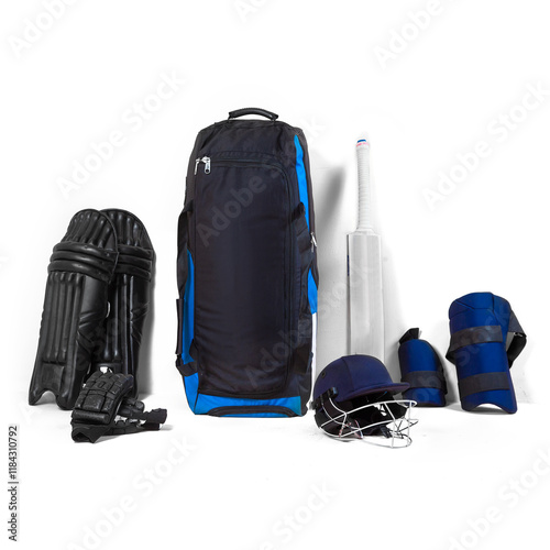black and blue cricket full size kit bag isolated on white background
