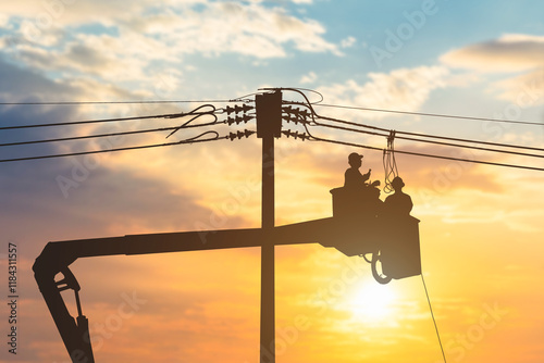 Electrician working at height on crane. High voltage system.