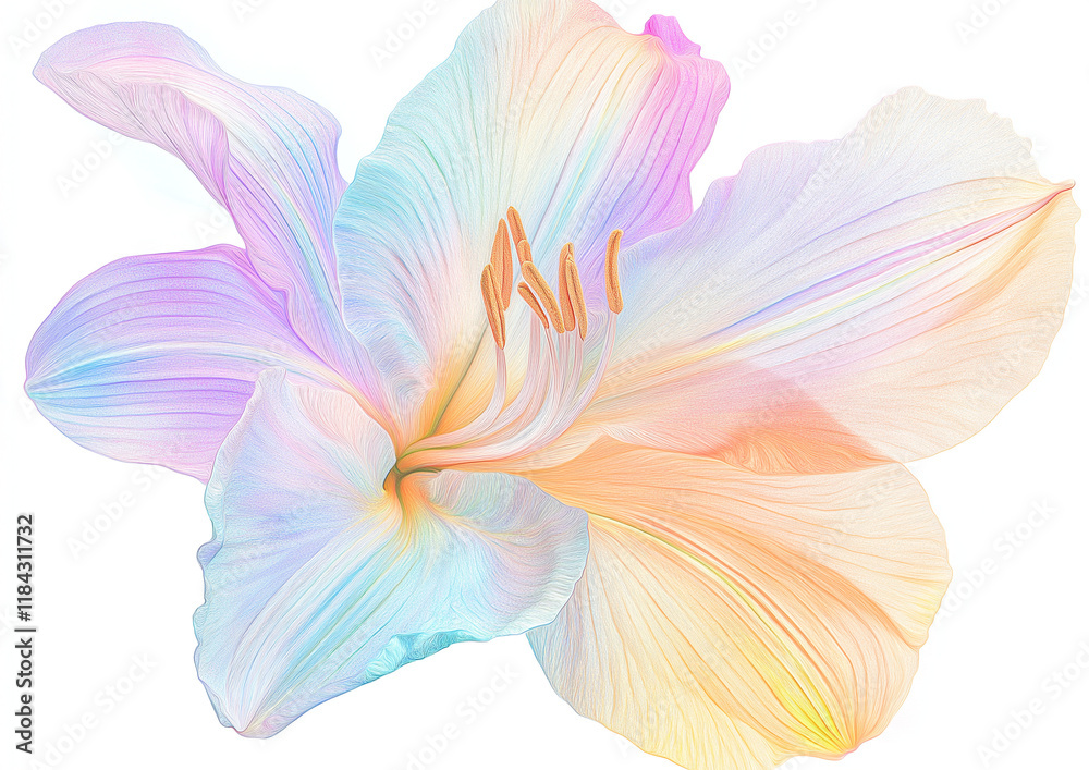 Fototapeta premium A delicate pastel-colored lily flower designed in a soft clipart style, featuring gentle hues on a transparent background, provided in high-quality PNG format for versatile use