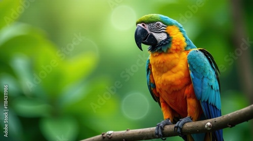 Vibrant Blue-and-Gold Macaw Perched on Branch in Lush Green Foliage