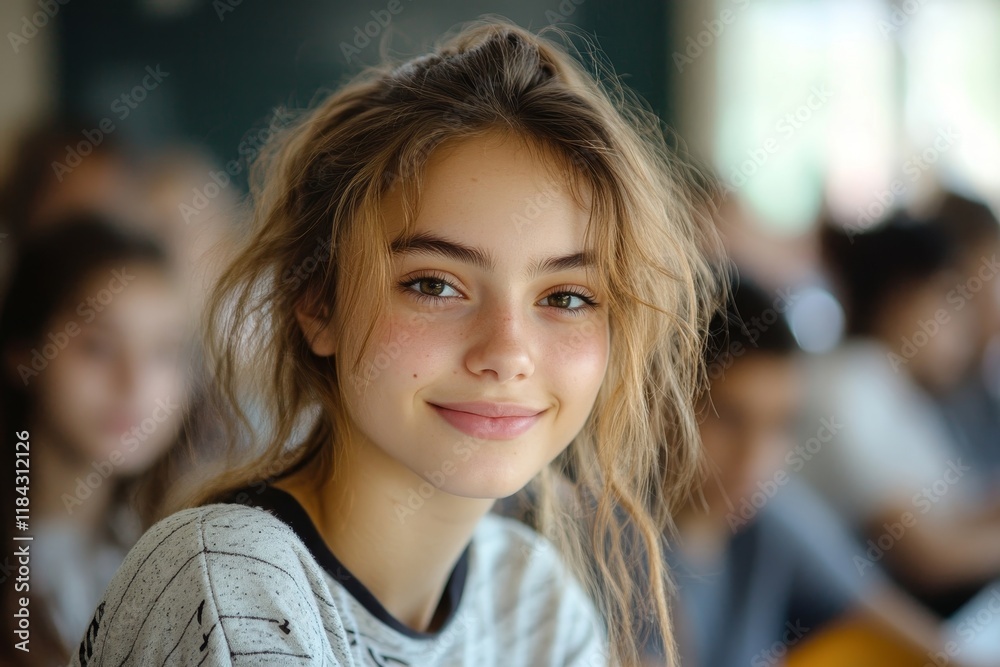 Happy female student learning in classroom and looking at camera. Generative AI Happy female student learning in classroom and looking at camera. Generative AI