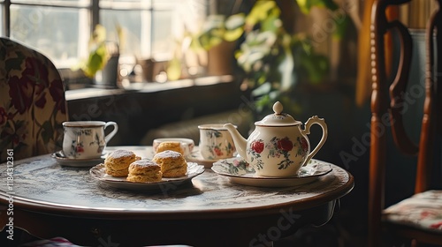 Wallpaper Mural A cozy tea room with a teapot, cups, and a plate of scones on a vintage table Torontodigital.ca