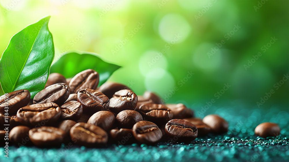 Obraz premium Roasted coffee beans with fresh green leaves on a vibrant background.