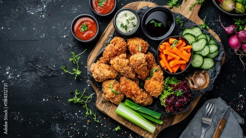 Golden Fried Chicken Platter with Crispy Vegetables and Dipping Sauces on a Rustic Wooden Board