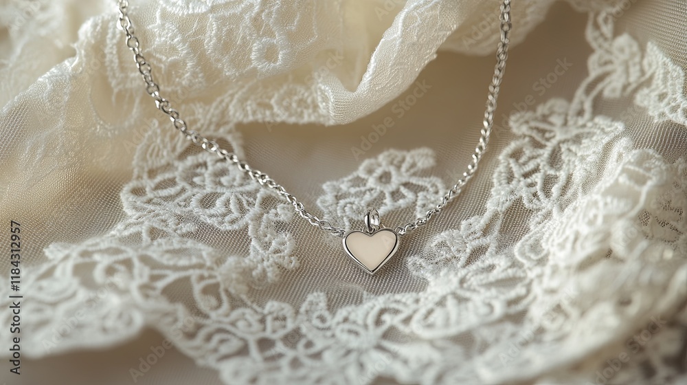 Obraz premium A delicate silver bracelet with a heart charm, displayed on a background with a lace handkerchief