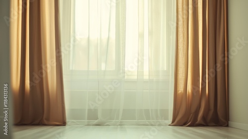 Sunlit Interior  Beige Curtains and Sheer Window Drapes