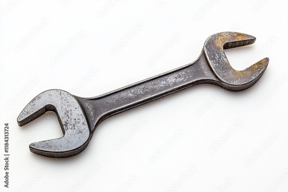 Classic metal wrench resting on a clean white background showcases its rustic charm and functional design Classic metal wrench resting on a clean white background showcases its rustic charm and functional design