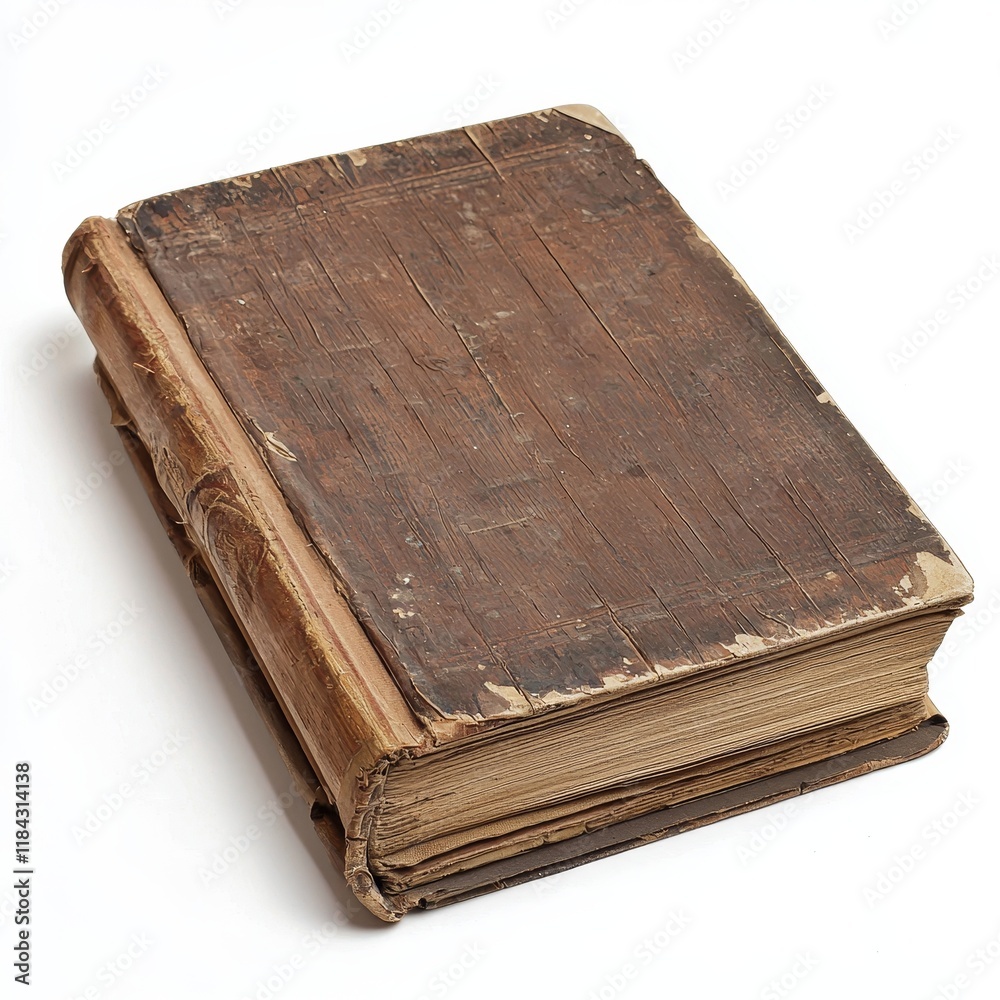 Old Worn Leather Bound Book with Visible Damage and Marks on Cover and Pages Old Worn Leather Bound Book with Visible Damage and Marks on Cover and Pages