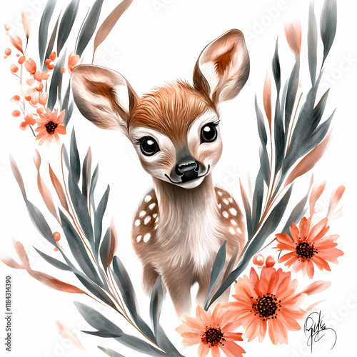 Springtime illustration featuring a charming deer surrounded by flowers and leaves photo