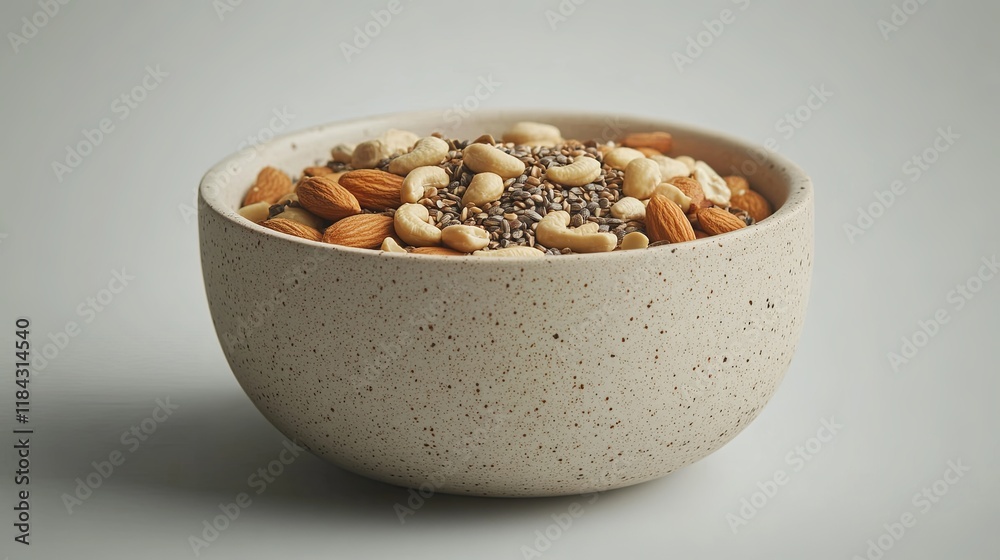 A neutral ceramic bowl of mixed nuts and seeds on a soft, light-gray backdrop A neutral ceramic bowl of mixed nuts and seeds on a soft, light-gray backdrop