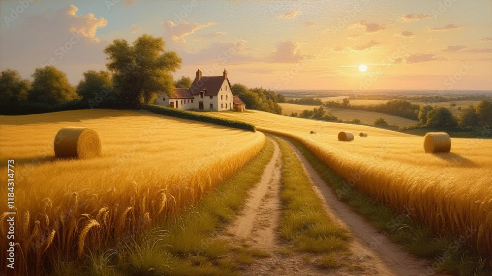 Fototapeta premium Oil painting on canvas, harvest in the village.