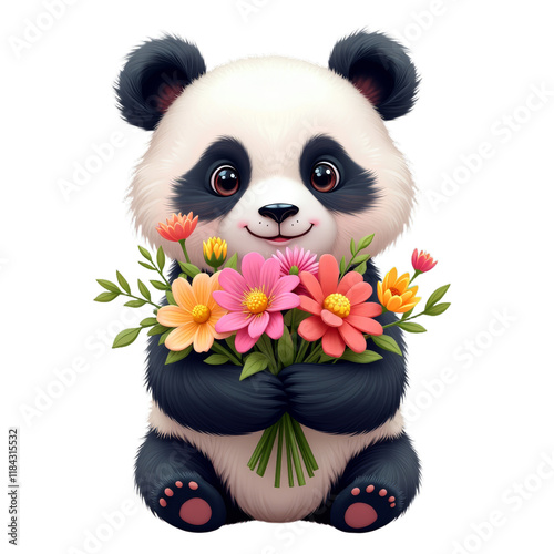 The adorable panda is holding a bouquet of flowers, exuding a sense of joy and playfulness photo