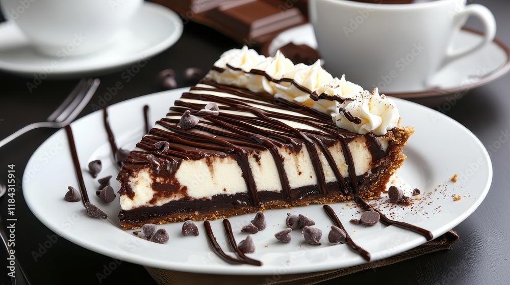 Delicious Slice of Rich Chocolate Pie with Creamy Filling and Drizzled Chocolate Sauce on White Plate
