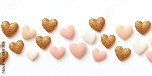 Confetti texture concept with soft shadows for Valentine's Day. Colorful heart-shaped decorations on a white background