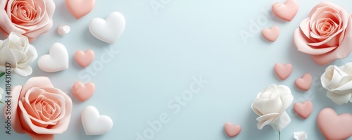 Confetti texture concept with soft shadows for Valentine's Day. Romantic roses and hearts on a soft blue background